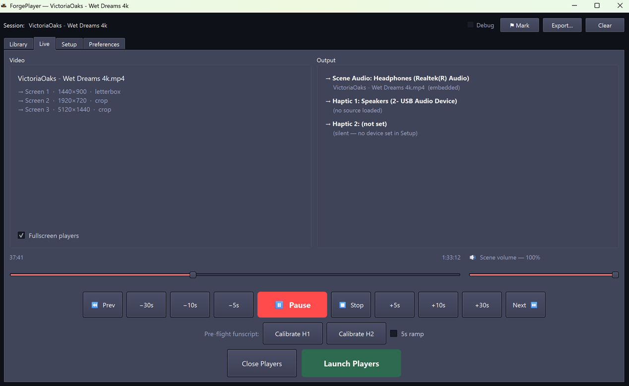 ForgePlayer playing a scene — one timeline drives every screen and output