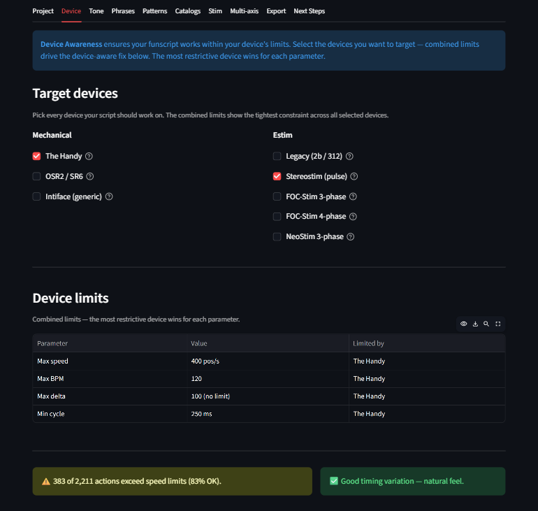 Device tab with limits table